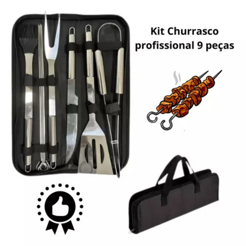 Kit Churrasco 9 Peças Inox Profissional C/ Bolsa