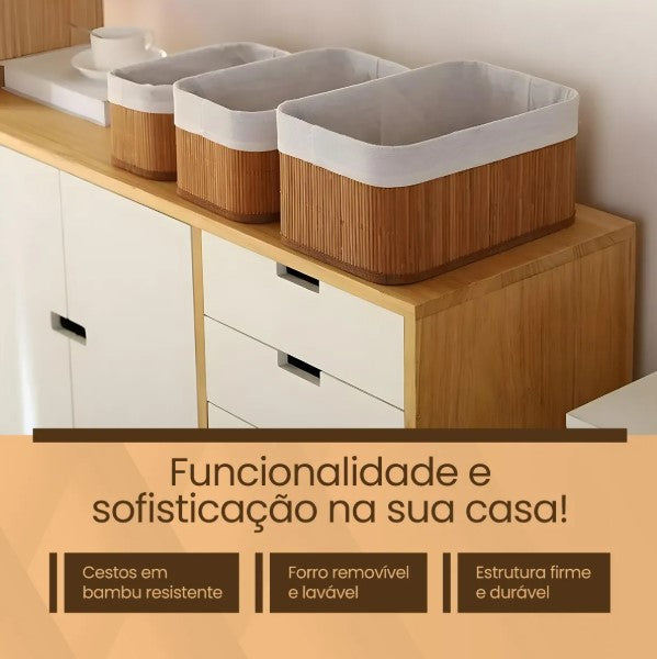 Kit 3 Cestos de Bambu Organizadores com Forro
