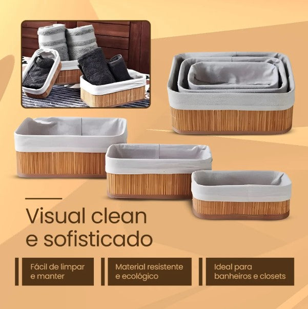 Kit 3 Cestos de Bambu Organizadores com Forro