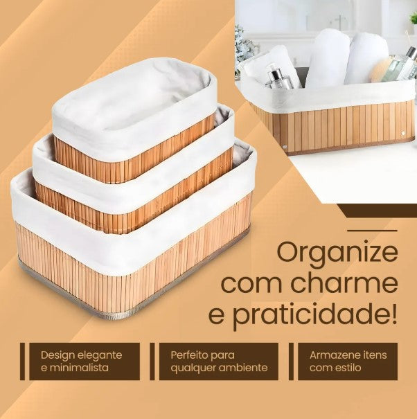 Kit 3 Cestos de Bambu Organizadores com Forro
