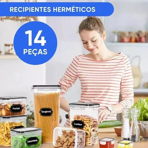 Kit 14 Potes Herméticos Mantimentos Plásticos Organizadores