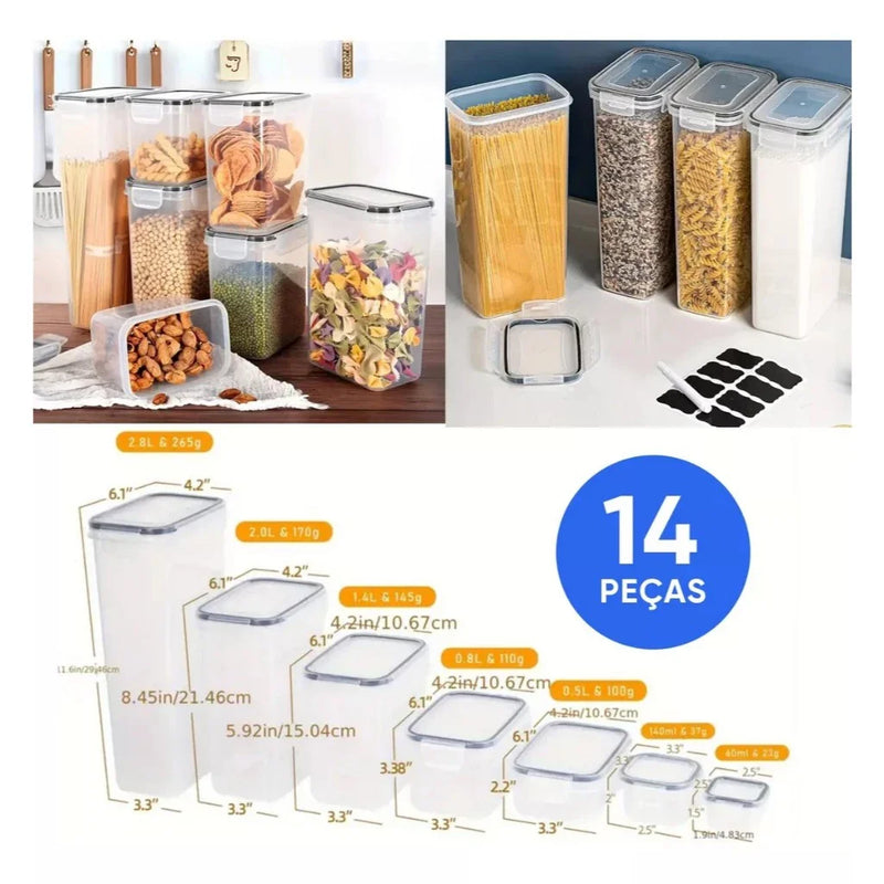 Kit 14 Potes Herméticos Mantimentos Plásticos Organizadores
