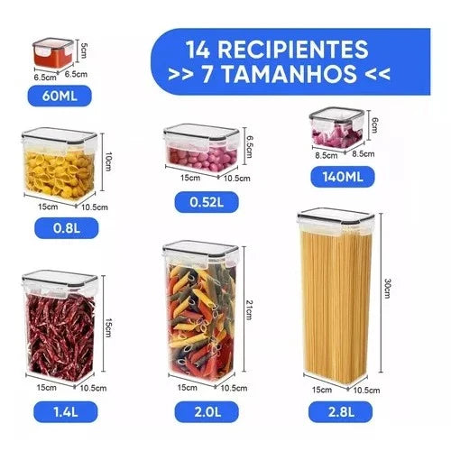 Kit 14 Potes Herméticos Mantimentos Plásticos Organizadores